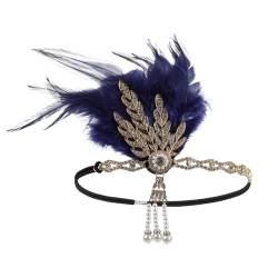 1920s Feder Flapper Stirnband Damen Karneval Kostüm Vintage Dehnbar Feder Kristall Fascinator Haarband Festival Hochzeit Party Haarreif Boho Haar Kopfschmuck Accessoires für Frauen (Navy, One Size) von Glücksvogel