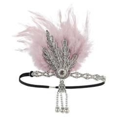 1920s Feder Flapper Stirnband Damen Karneval Kostüm Vintage Dehnbar Feder Kristall Fascinator Haarband Festival Hochzeit Party Haarreif Boho Haar Kopfschmuck Accessoires für Frauen (Pink, One Size) von Glücksvogel