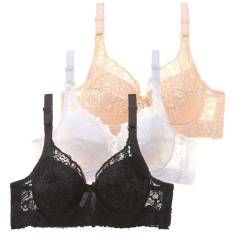 3er Pack Damen Komfort Gepolstert BH mit Bügel Große Klassischer BH Starker Halt BH Atmungsaktiver Leichter Push Up BH V Ausschnitt Weicher Spitze Bustier BH Modern Bralette Unterwäsche (Black, 90D) von Glücksvogel