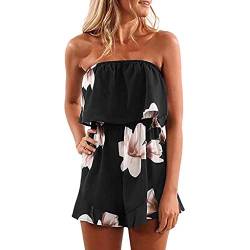 Bandeau Jumpsuit für Damen Sommer Blumen Ärmellos Schulterfrei Elastische Elegant Jumpsuit Overall Playsuit Casual Kurz Romper Hosenanzug Sexy Trägerloser Elegant für Hochzeit Festlich (Black, XXXL) von Glücksvogel