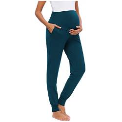 Casual Schwangerschaftshose Umstandshose für Schwangere, Damen Klassische Komfortable Schwangerschaft Hosen Bequeme Jogginghose Lang Freizeithose Sporthose Stretch Umstandsleggings (Blue, M) von Glücksvogel