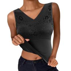 Damen Innenfleece Thermounterwäsche Oberteil Baumwolle Tank Top Winter Warmes Thermo Unterhemd Ärmellos Longshirt Thermo-Shirt Fleece Funktionsunterwäsche Rundhalsausschnitt Warme (XD-Black, M) von Glücksvogel