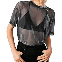 Damen Netz Oberteil Transparentes Modisches Netzshirt Sexy Kurze Ärmel Shirt Mesh Oberteile Glitzer-Top Stretch Slim Netzstoff Shirt Netzoberteil Casual Clubwear Party Bluse Tops Schwarz (Black, L) von Glücksvogel