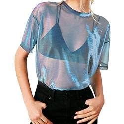 Damen Netz Oberteil Transparentes Modisches Netzshirt Sexy Kurze Ärmel Shirt Mesh Oberteile Glitzer-Top Stretch Slim Netzstoff Shirt Netzoberteil Casual Clubwear Party Bluse Tops Schwarz (Blue, L) von Glücksvogel