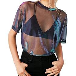 Damen Netz Oberteil Transparentes Modisches Netzshirt Sexy Kurze Ärmel Shirt Mesh Oberteile Glitzer-Top Stretch Slim Netzstoff Shirt Netzoberteil Casual Clubwear Party Bluse Tops Schwarz (Purple, XL) von Glücksvogel