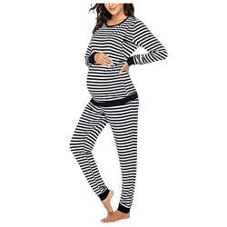 Damen Schlafanzug Stillpyjama Langarm Gestreift Umstandspyjama Schlafanzug Umstandnachtwäsche Lang Schwangere Stillpyjama Weich Umstandsmode Schlafanzug mit Stillfunktion Nachtwäsche für (Black, M) von Glücksvogel