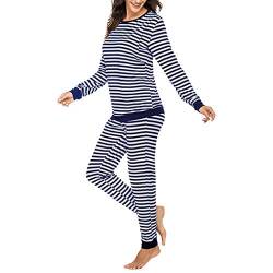 Damen Schlafanzug Stillpyjama Langarm Gestreift Umstandspyjama Schlafanzug Umstandnachtwäsche Lang Schwangere Stillpyjama Weich Umstandsmode Schlafanzug mit Stillfunktion Nachtwäsche für (Navy, XL) von Glücksvogel