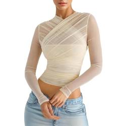 Damen Shirts Tüll Mesh Langarmshirts Oberteile Transparente Schwarz Langarm Tshirts Fishnet Sheer Lace Blusenoberteile High Stretch Slim Fit Mesh Sexy Bluse Tunika Casual Teenage Mädchen (Beige, L) von Glücksvogel