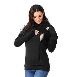 Damen Stillen Hoodie Mutterschaft Fleece Stillpullover mit Kapuze,Umstandspullover Langarm Stilloberteil Umstandsmode Herbst Winter Warm Pullover Schwangere Pflege Stillen Shirt (B-Black, L) von Glücksvogel