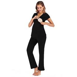 Damen Stillpyjama Langarm Umstands Pyjama Set Zweiteiliger Schlafanzug Kurzarm Stillshirt Lang Umstandsmode Umstandsmode Still Nachtwäsche Pyjama-Set Hausanzug Sleepwear für Schwangerschaft (Black, M) von Glücksvogel