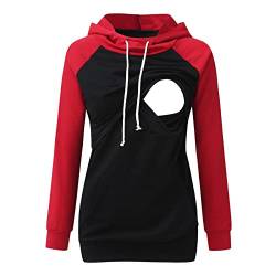 Damen Umstands Kapuzenpullover Stillzeit Lang Ärmel Stillpullover Herbst Winter Baumwolle Stillen Stillpulli Sweatshirt Hoodie mit Taschen für Schwangerschaft Basic Stillzeit Umstandsmode (Red, M) von Glücksvogel