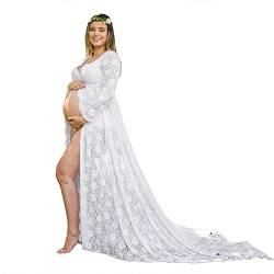 Damen Umstandskleid Chiffon Spitze Trägerloses Kleid Elegant Split Front Maxikleid Maxi Umstandskleider Umstandsmode Schwangere Frauen Maternity Gown Mutterschaft Fotoshooting Maxi (White, XL) von Glücksvogel