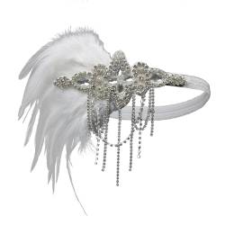 Feder Flapper Stirnband Damen Vintage 1920er Dehnbar Feder Kristall Haarband Festival Hochzeit Party Boho-Kopfschmuck Haarreif Haar Kopfschmuck Accessoires für Frauen Mädchen (White, One Size) von Glücksvogel