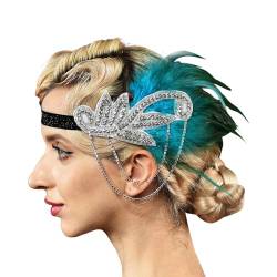 Feder Kristall Fascinator Haarband Karneval Kostüm Damen Vintage 1920s Feder Flapper Stirnband Dehnbar Festival Hochzeit Party Haarreif Boho Haar Kopfschmuck Accessoires für (Light Blue, One Size) von Glücksvogel