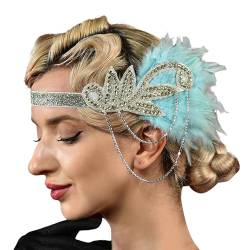 Feder Kristall Fascinator Haarband Karneval Kostüm Damen Vintage 1920s Feder Flapper Stirnband Dehnbar Festival Hochzeit Party Haarreif Boho Haar Kopfschmuck Accessoires für (Sky Blue, One Size) von Glücksvogel