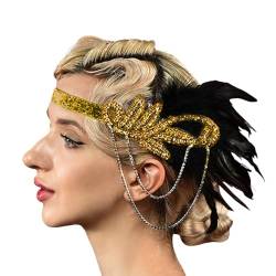 Feder Kristall Fascinator Haarband Karneval Kostüm Damen Vintage 1920s Feder Flapper Stirnband Dehnbar Festival Hochzeit Party Haarreif Boho Haar Kopfschmuck Accessoires für Frauen (Gold, One Size) von Glücksvogel