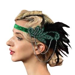 Feder Kristall Fascinator Haarband Karneval Kostüm Damen Vintage 1920s Feder Flapper Stirnband Dehnbar Festival Hochzeit Party Haarreif Boho Haar Kopfschmuck Accessoires für Frauen (Green, One Size) von Glücksvogel