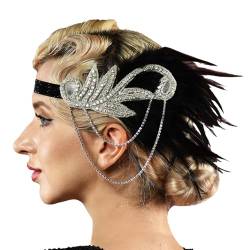 Feder Kristall Fascinator Haarband Karneval Kostüm Damen Vintage 1920s Feder Flapper Stirnband Dehnbar Festival Hochzeit Party Haarreif Boho Haar Kopfschmuck Accessoires für Frauen (Grey, One Size) von Glücksvogel