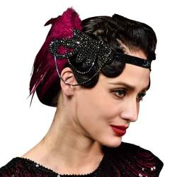 Feder Kristall Fascinator Haarband Karneval Kostüm Damen Vintage 1920s Feder Flapper Stirnband Dehnbar Festival Hochzeit Party Haarreif Boho Haar Kopfschmuck Accessoires für Frauen (Red, One Size) von Glücksvogel