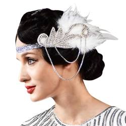 Feder Kristall Fascinator Haarband Karneval Kostüm Damen Vintage 1920s Feder Flapper Stirnband Dehnbar Festival Hochzeit Party Haarreif Boho Haar Kopfschmuck Accessoires für Frauen (White, One Size) von Glücksvogel