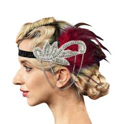 Feder Kristall Fascinator Haarband Karneval Kostüm Damen Vintage 1920s Feder Flapper Stirnband Dehnbar Festival Hochzeit Party Haarreif Boho Haar Kopfschmuck Accessoires für Frauen (Wine, One Size) von Glücksvogel