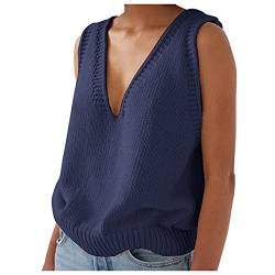 Glücksvogel Damen Pullunder Ärmelloser Strick Weste V-Ausschnitt Strickweste Mädchen Einfarbig Casual Pullunder Pullover Damen Oversize Sweater Winter Strickpullover Tank Top (Dunkelblau, 3XL) von Glücksvogel