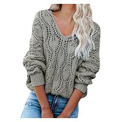 Glücksvogel Pullover Damen Grobstrick Strickpullover Sexy V Ausschnitt Einfarbig Sweater Lockere Sweatshirt Pulli Oversize Causal Langarmshirt Tunika Lockere Oberteile Tops (Grau, M) von Glücksvogel