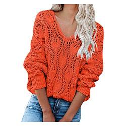 Glücksvogel Pullover Damen Grobstrick Strickpullover Sexy V Ausschnitt Einfarbig Sweater Lockere Sweatshirt Pulli Oversize Causal Langarmshirt Tunika Lockere Oberteile Tops (Orange, L) von Glücksvogel