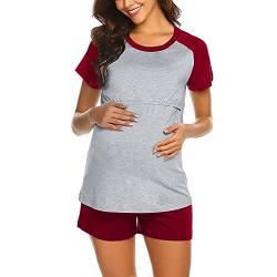 Glücksvogel Stillpyjama Set Damen Kurzarm Umstands Pyjama Zweiteiliger Still Schlafanzug Kurz Sommer Nachtwäsche Stillzeit Sleepshirt mit U Ausschnitt Casual Huasanzug für Schwangerschaft (Red, XL) von Glücksvogel