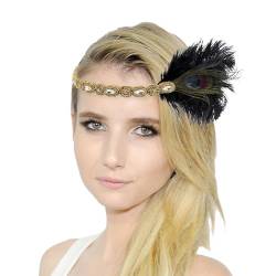 Karneval Kostüm Damen Feder Flapper Stirnband Vintage 1920er Dehnbar Feder Kristall Haarband Festival Hochzeit Party Haarreif Boho Haar Kopfschmuck Accessoires für Frauen Mädchen (Gold, One Size) von Glücksvogel