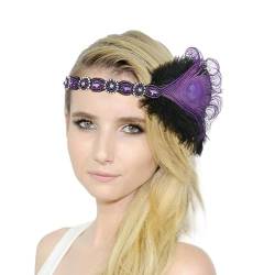 Karneval Kostüm Damen Feder Flapper Stirnband Vintage 1920er Dehnbar Feder Kristall Haarband Festival Hochzeit Party Haarreif Boho Haar Kopfschmuck Accessoires für Frauen Mädchen (Purple, One Size) von Glücksvogel