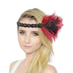 Karneval Kostüm Damen Feder Flapper Stirnband Vintage 1920er Dehnbar Feder Kristall Haarband Festival Hochzeit Party Haarreif Boho Haar Kopfschmuck Accessoires für Frauen Mädchen (Red, One Size) von Glücksvogel