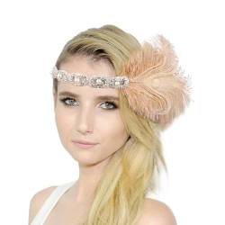 Karneval Kostüm Damen Feder Flapper Stirnband Vintage 1920er Dehnbar Feder Kristall Haarband Festival Hochzeit Party Haarreif Boho Haar Kopfschmuck Accessoires für Frauen Mädchen (Rose Gold, One Size) von Glücksvogel