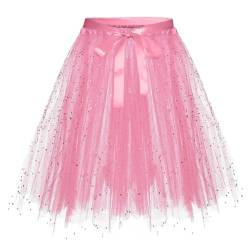 Karneval Tüllrock Damen Erwachsene Glitzernder Tütü Röcke Puffy 80er Tüll Unterrock Minirock Petticoat Tanzkleid Adult Teen Dehnbaren Tutu Rock Erwachsene Ballettrock Tüllrock für Party (Pink, M) von Glücksvogel