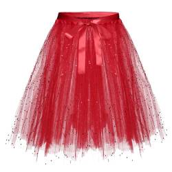 Karneval Tüllrock Damen Erwachsene Glitzernder Tütü Röcke Puffy 80er Tüll Unterrock Minirock Petticoat Tanzkleid Adult Teen Dehnbaren Tutu Rock Erwachsene Ballettrock Tüllrock für Party (Red, S) von Glücksvogel