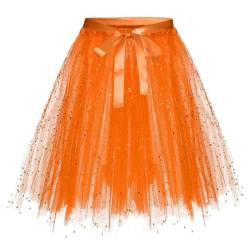 Karneval Tüllrock Damen Erwachsene Glitzernder Tütü Röcke Puffy 80er Tüll Unterrock Minirock Petticoat Tanzkleid Adult Teen Dehnbaren Tutu Rock Erwachsene Ballettrock Tüllrock für Party (Orange, M) von Glücksvogel