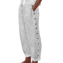 Leinenhose Damen Sommer Leichte Baumwolle 7/8 Sommerhose Casual Locker Freizeithose Weite Leg Hose Sommer Hohe Taille Elastischer Bund Stoffhose Yogahose Leinen Hose mit Taschen (A-White, L) von Glücksvogel