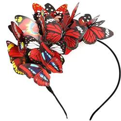 Schmetterling Stirnband Karneval Party Stirnbänder Cosplay Schmetterling Haarband Kopfschmuck Haarreif Ostertag Hochzeit Halloween Party Kopfbedeckung Faschingskostüme für Frauen (Red, One Size) von Glücksvogel