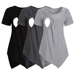 Schwangere Top Damen Stillshirt, 3er Pack Umstandsmode Maternity-Shirt Schwangerschaft Überlagertes Design Stilltop Frauen Baumwoll Rundhals Umstandsshirt Mutterschaft Shirt für (Dark Gray, XL) von Glücksvogel