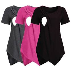 Schwangere Top Damen Stillshirt, 3er Pack Umstandsmode Maternity-Shirt Schwangerschaft Überlagertes Design Stilltop Frauen Baumwoll Rundhals Umstandsshirt Mutterschaft Shirt für (EC-Black, XXL) von Glücksvogel