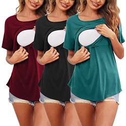 Schwangere Top Damen Stillshirt, 3er Pack Umstandsmode Maternity-Shirt Schwangerschaft Überlagertes Design Stilltop Frauen Baumwoll Rundhals Umstandsshirt Mutterschaft Shirt für Stillen (EA-Wine, XL) von Glücksvogel