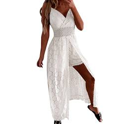 Sommer Jumpsuit Damen Spitze Ärmellos V-Ausschnitt Overall Elegant Lang Jumpsuit Kleid Playsuit Festlich Casual Kurz Romper Sommer Hosenanzug Playsuit Boho Casual Party Hochzeit Jumpsuit (White, M) von Glücksvogel