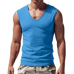 Tank Tops Herren Ärmellose Tankshirt Tees Sommer Casual Sport Fitness Slim Fit Muskelshirt Bodybuilding Unterhemd T-Shirt Tee V-Ausschnitt Achselshirt Trägershirt Sportswear Street Style (Blue, L) von Glücksvogel