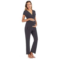 Umstands Pyjama Set für Damen Still Pyjama Set Schwangerschafts Set Stillpyjama Zweiteiliger Stillen Schlafanzug Nachtwäsche Stillshirt Kurzarm Umstandshose Lang Umstandsmode Hausanzug (Grey, L) von Glücksvogel