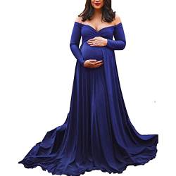 Umstandskleid Fotoshooting Schulterfreies Tüll Langes Maxikleid Damen Trägerloses Rüschen Elegant Tailliert Mutterschafts Kleid Off Shoulder Schwangerschafts Umstandsmode Mutterschaft Maxi (Blue, XL) von Glücksvogel