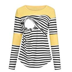 Umstandsmode Damen Langarm Rundhals Stillen T-Shirt Gestreiftes Umstandstop Schwangerschaftsshirt Umstandsshirt Schwangerschaft Oberteil Stilltop Mutterschaft Tunika Tee Top Bluse Kleidung (Yellow, M) von Glücksvogel