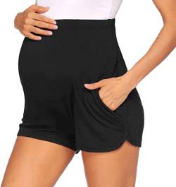 Umstandsshorts Damen Komfortable Kurze Umstandshose Umstandsleggings Baumwolle Super Bequeme Umstands Shorts Maternity Sport Schwangerschaft Kurze Umstandsmode Hose mit Taschen für Sommer (Black, M) von Glücksvogel