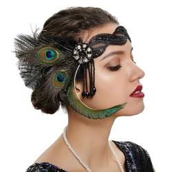 Vintage 1920er Jahre Feder Flapper Stirnband Festival Damen Feder Kristall Haarband Boho-Kopfschmuck Karneval Kostüm Hochzeit Party Haarreif Haar Kopfschmuck Accessoires für Frauen (Green, One Size) von Glücksvogel