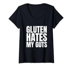 Damen Gluten Hates My Guts Lustiges Glutenfreies Shirt Celiac T-Shirt mit V-Ausschnitt von Gluten Free Gift Shirts