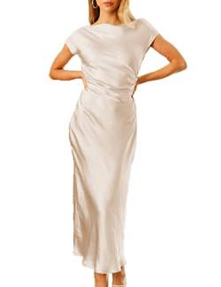 2023 Satin Flügelärmel Cowl Back Sommerkleider für Frauen Elegant Geraffte Taille Hochzeit Gast Midi Kleid, Champagner, X-Klein von Gmeitoey